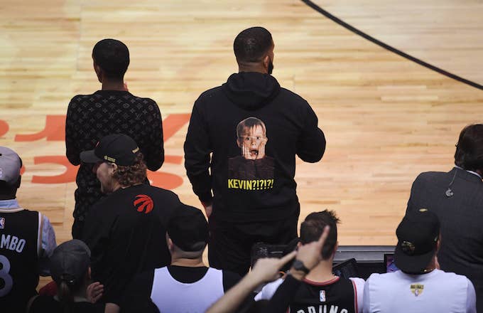 Drake looks on during Game Two of the NBA Finals between Golden State Warriors and Toronto Raptors.