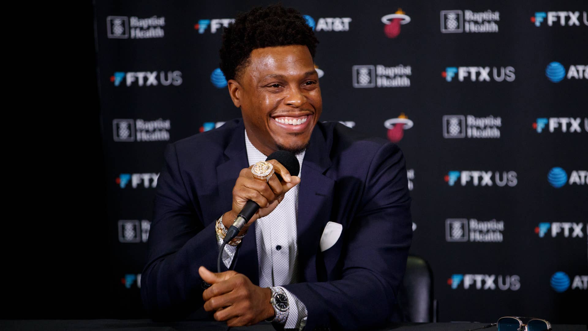 Kyle Lowry talking to press during his return to Toronto with the Miami Heat.