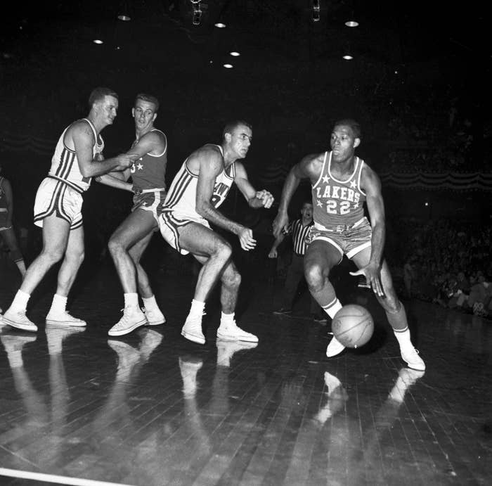 This is a photo of the St. Louis Hawks playing the Minneapolis Lakers in 1959.