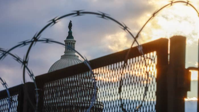 Razor wire and fences still surround the United States Capitol building