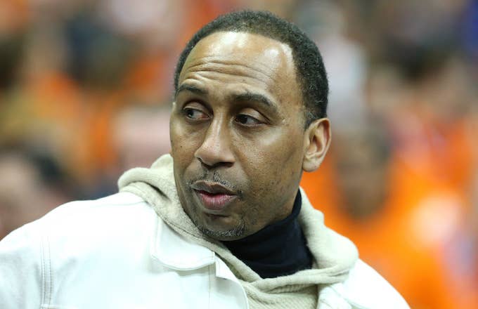 Stephen A. Smith looks on prior to Duke Blue Devils and Syracuse Orange game.