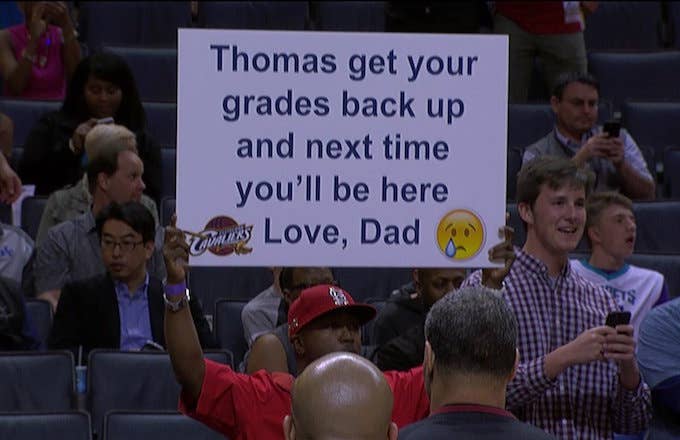 Thomas got called out by his father with a sign at a Cavs game.