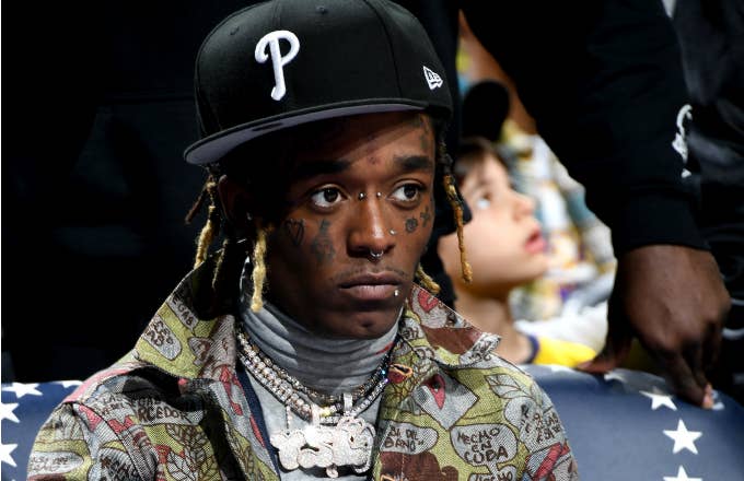 Lil Uzi Vert is seen at the game between the Philadelphia 76ers and the Los Angeles Lakers