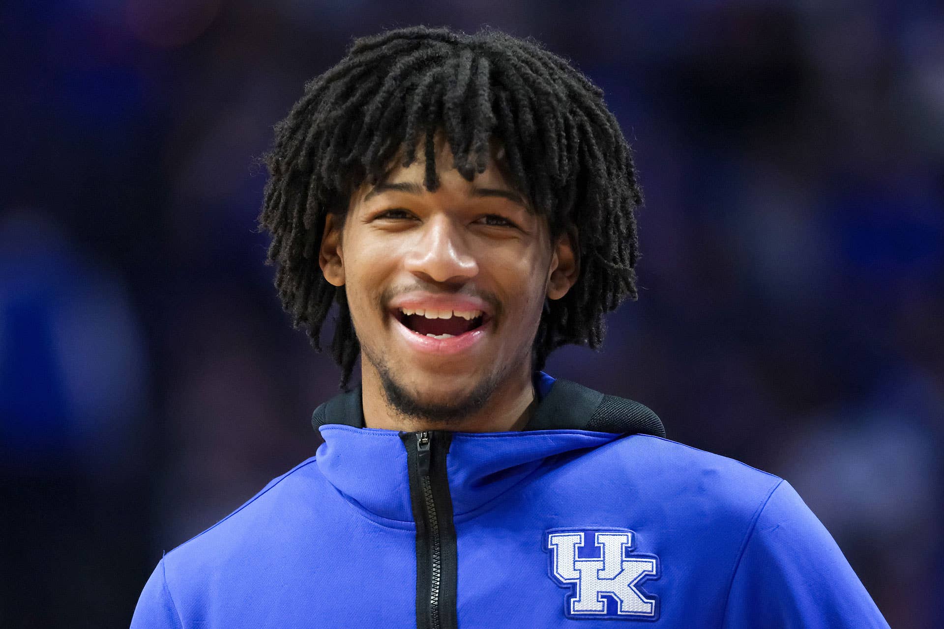 Shaedon Sharpe #21 of the Kentucky Wildcats looks on during halftime against the Florida Gators at Rupp Arena on February 12, 2022 in Lexington, Kentucky