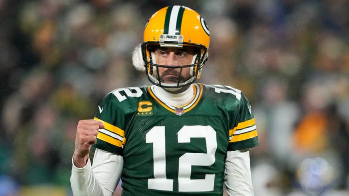 Aaron Rodgers reacts after a touchdown against the Los Angeles Rams.