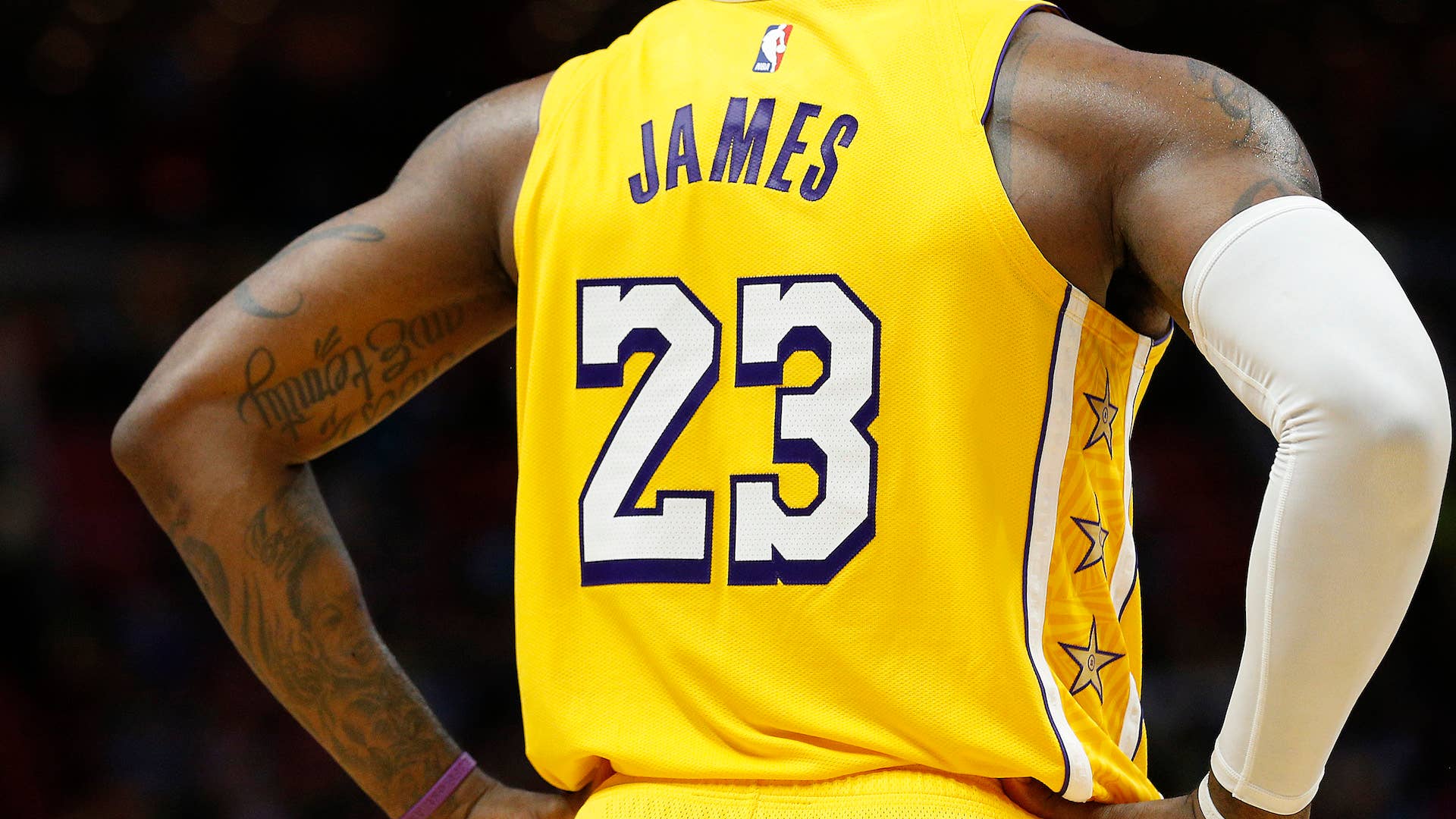 A detail of LeBron James #23 of the Los Angeles Lakers jersey