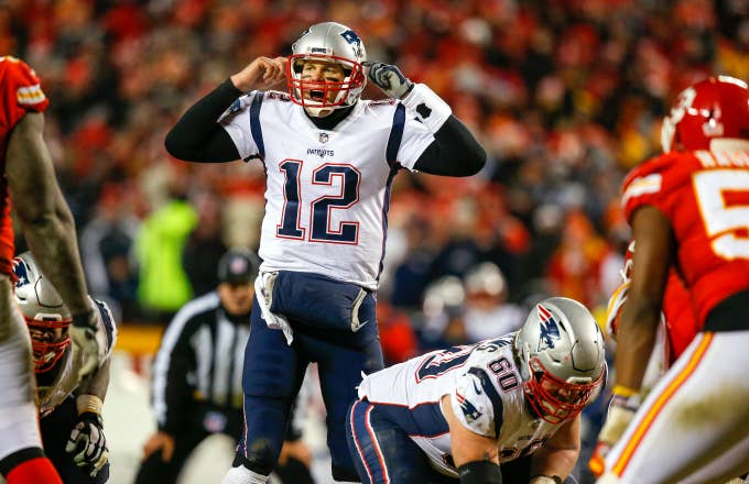 Quarterback Tom Brady #12 of the New England Patriots calls signals in overtime