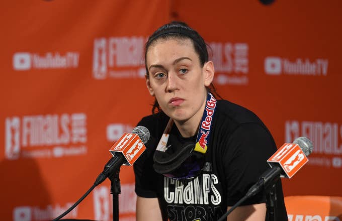 Breanna Stewart #30 of the Seattle Storm talks to the media during a press conference