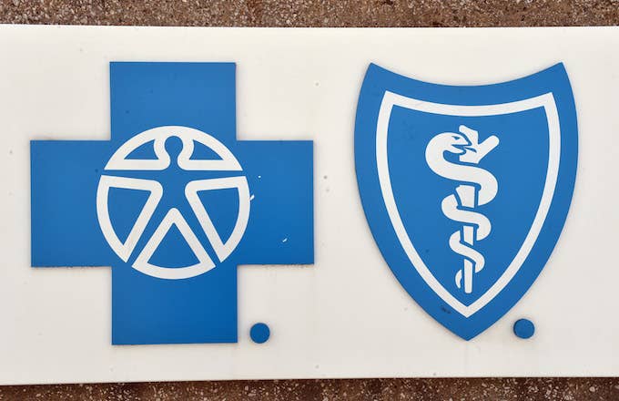 The logo of Blue Cross Blue Shield pictured in the city centre of Detroit.
