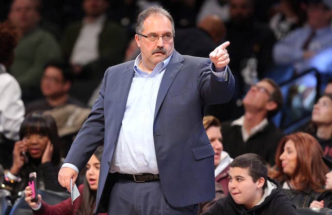 Detroit Pistons head coach Stan Van Gundy coaches against the Brooklyn Nets.