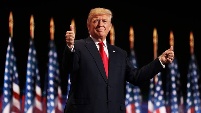 Donald Trump gives two thumbs up to the crowd on the fourth day of the RNC.