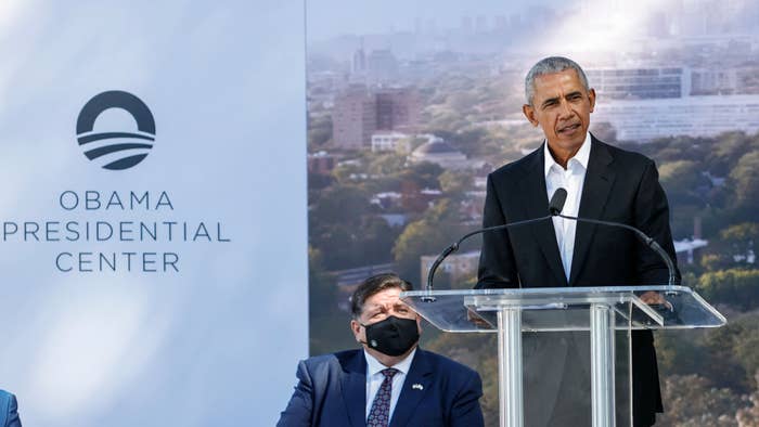 Barack Obama speaks  during a groundbreaking ceremony for the Obama Center