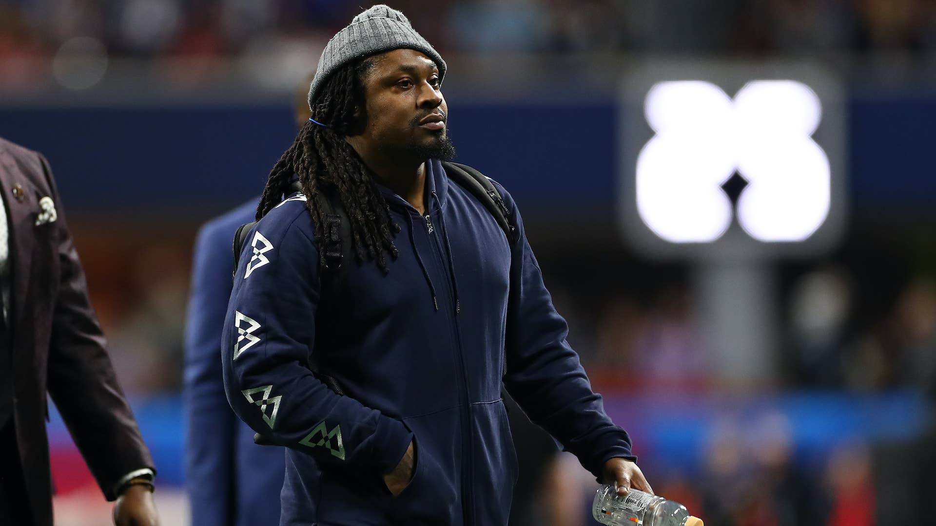 Marshawn Lynch of the Oakland Raiders arrives prior to Super Bowl LIII.