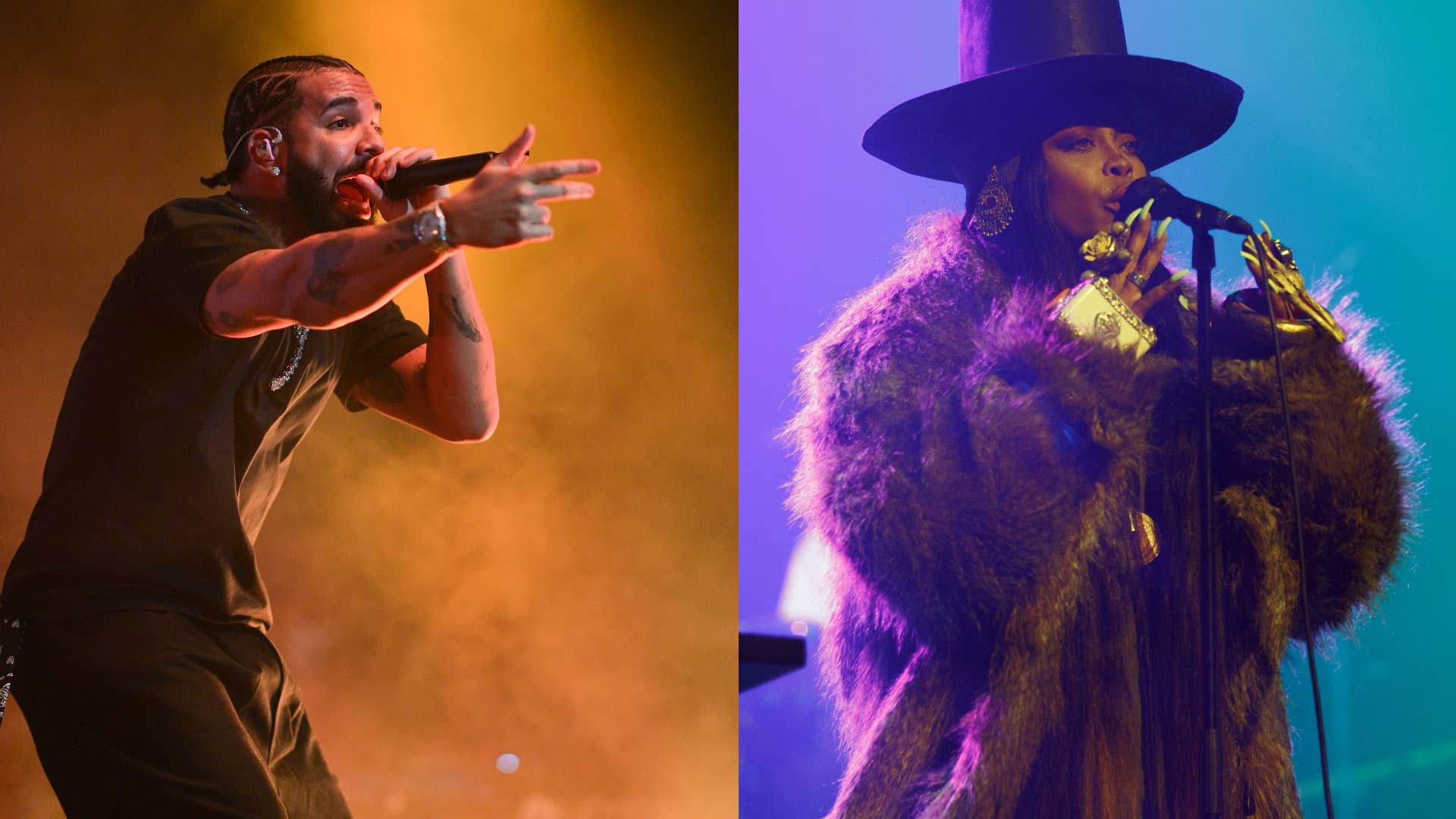 Drake and Erykah Badu are pictured performing live