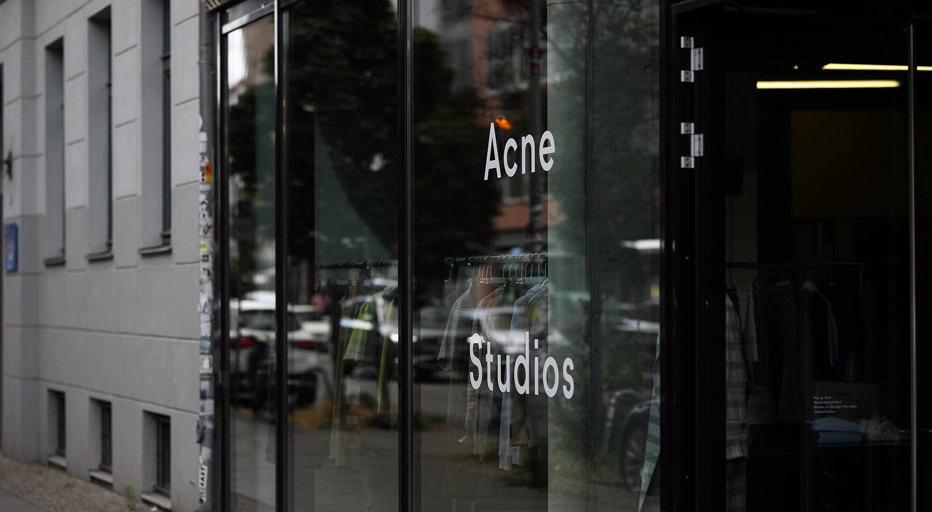 A Acne Studios sign, seen on July 07, 2020 in Berlin, Germany