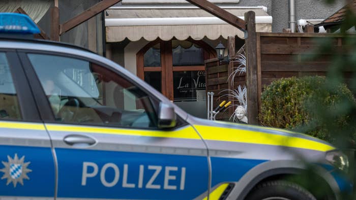 A police vehicle is pictured parked at an eatery
