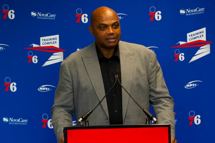 Charles Barkley speaks prior to his sculpture being unveiled at 76ers training facility.