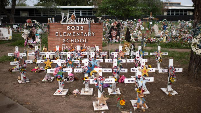 Crosses set up to honor those who lost their lives in the Robb Elementary School shooting.