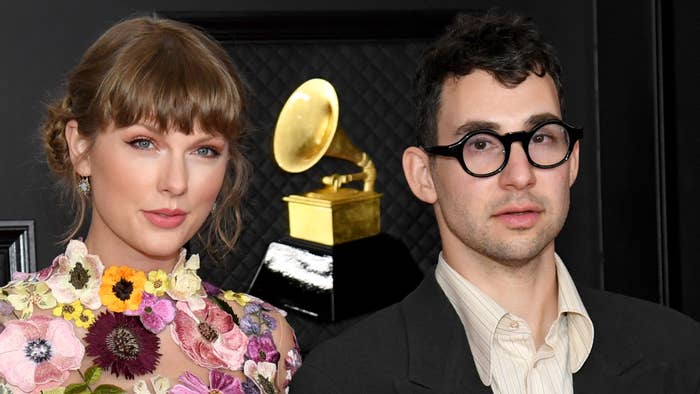 Taylor Swift and Jack Antonoff pose for photo together at GRAMMY Awards.