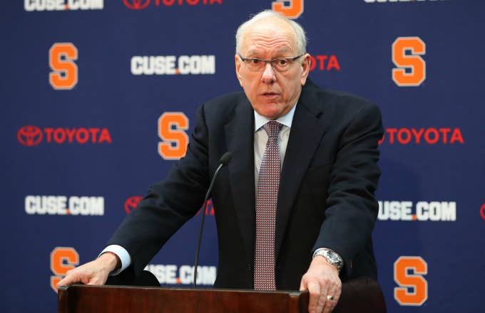 Head coach Jim Boeheim of the Syracuse Orange speaks with the media