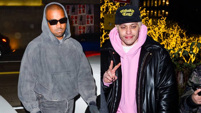 Ye and Pete Davidson are pictured walking