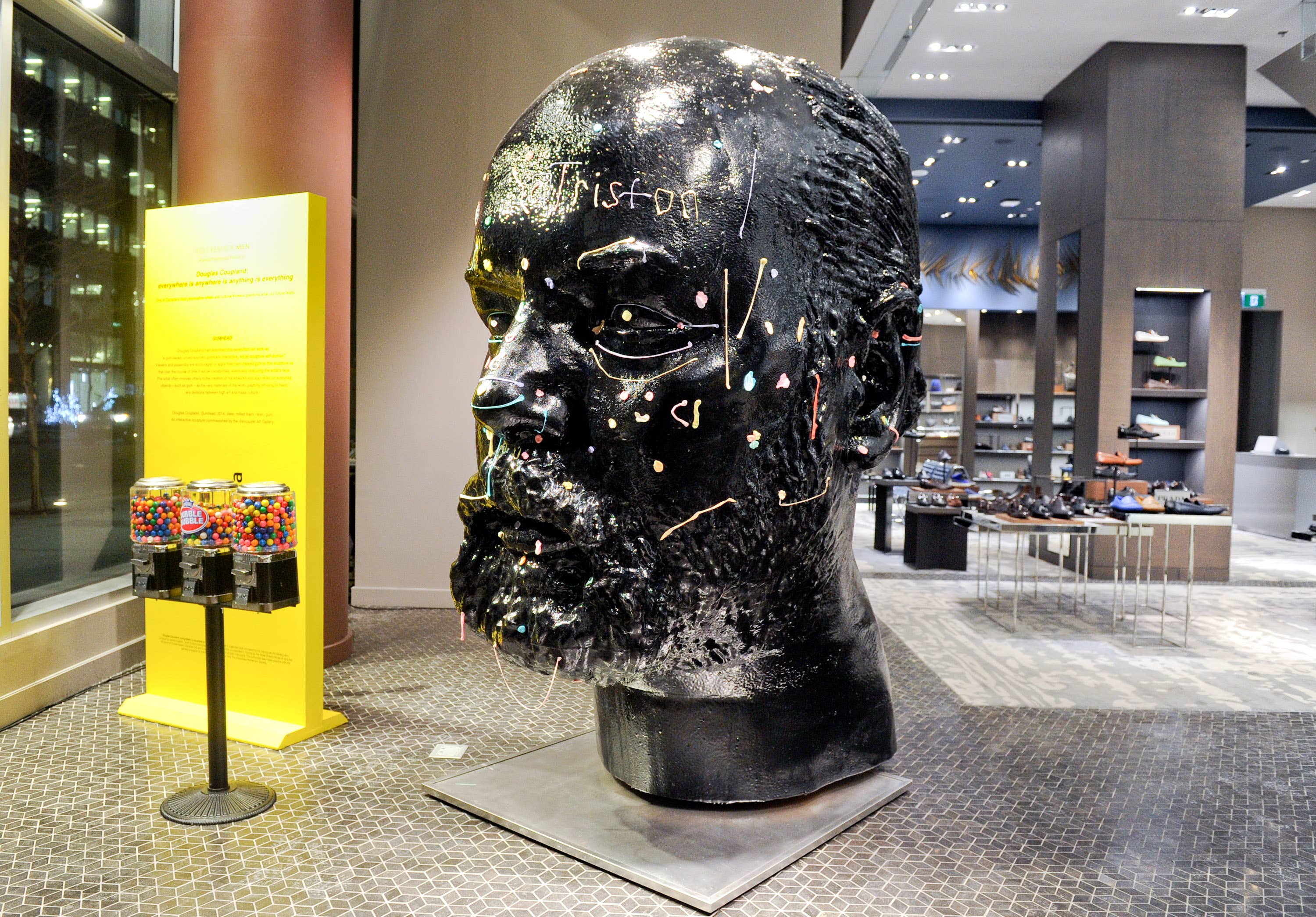 Toronto’s Holt Renfrew Men is encouraging guests to chew their gum and stick it on Douglas Coupland’s Gumhead sculpture