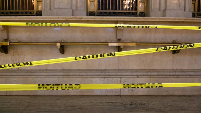 A caution tape placed inside Grand Central during the coronavirus pandemic.