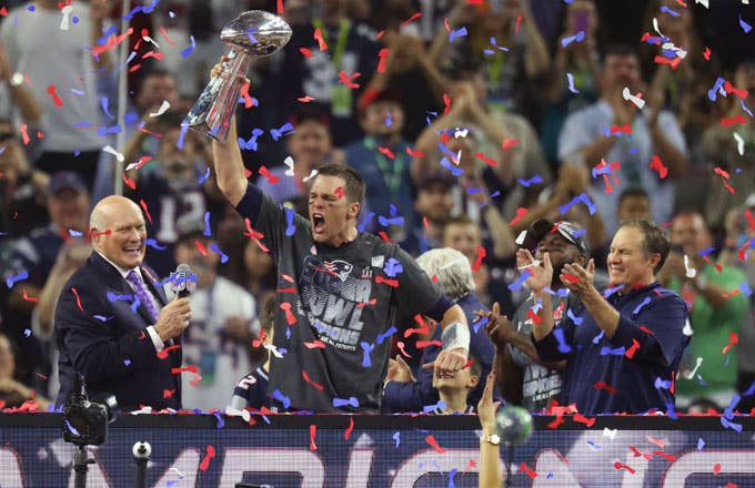 Tom Brady celebrates winning the 2017 Super Bowl over the Atlanta Falcons.