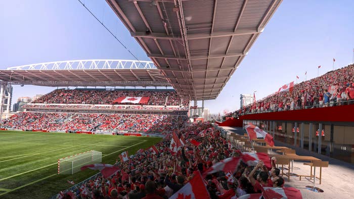BMO Field as it will look after renovations: A soccer field to the left, with seating on the right and to the far centre