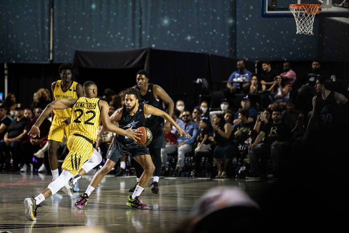 J. Cole guards a player during the Scarborough Shooting Stars&#x27; home opener