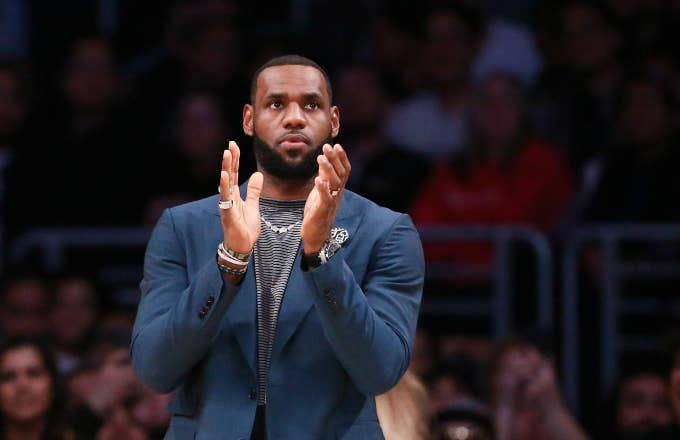 LeBron James of the Los Angeles Lakers looks on against the Cleveland Cavaliers