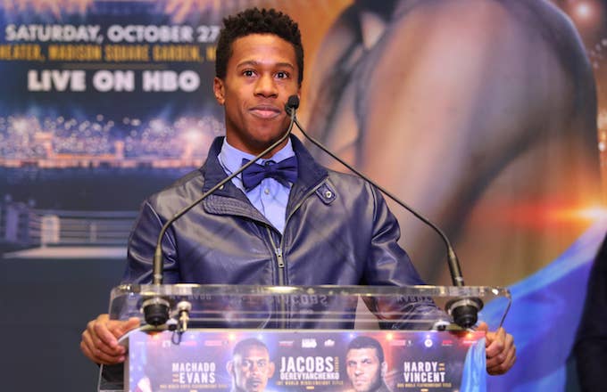 Patrick Day addresses members of the media at the Jacobs vs Derevyanchenko press conference.