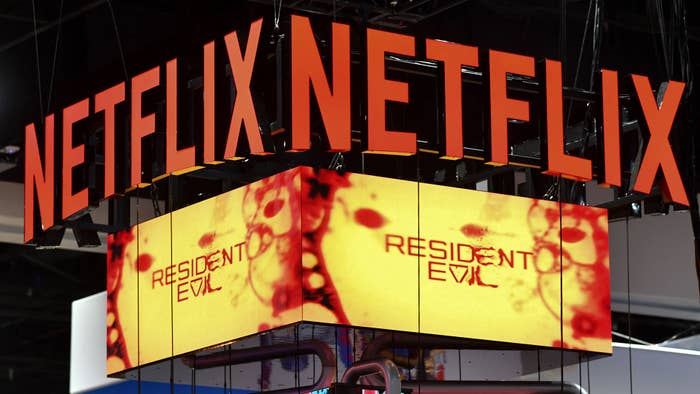 The Netflix booth advertises the &quot;Resident Evil&quot; series on a screen during Comic-Con International in San Diego