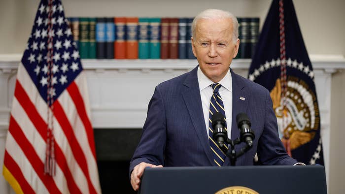 President Joe Biden announces new economic actions against Russia in the Roosevelt Room