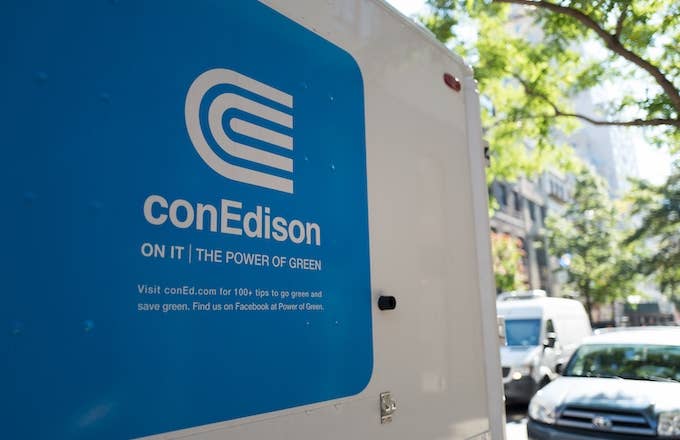Logo for the electrical utility conEdison on the side of a truck on the Upper East Side.