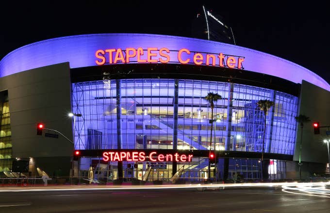 An exterior view of Staples Center in downtown Los Angeles