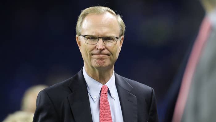 President, CEO and co-owner of the New York Giants John Mara looks on during warm ups.