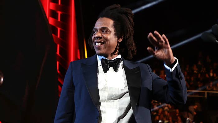 Jay Z is pictured in a tux at a Rock Hall event