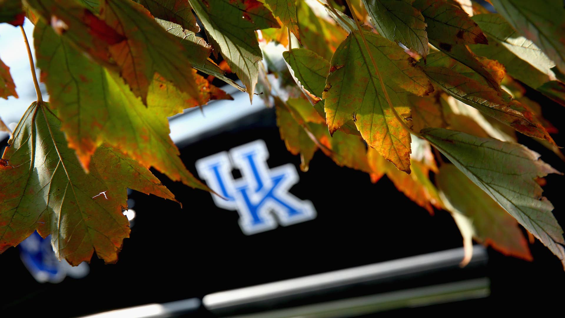 The fall colors frame a University of Kentucky logo.