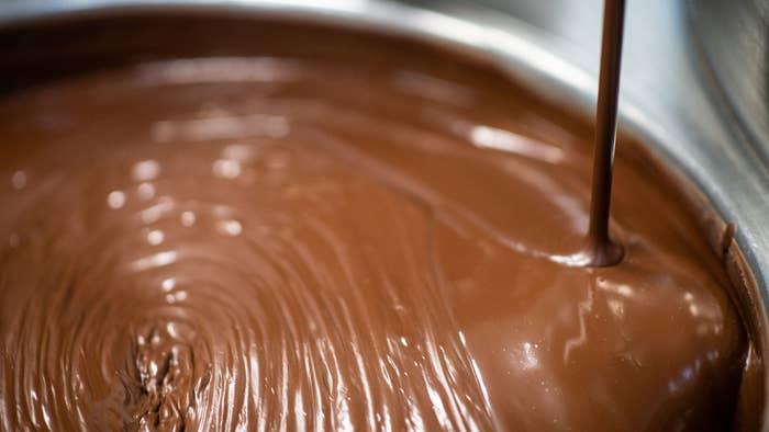 Chocolate melted at the factory of the French chocolate sculptor Patrick Roger.