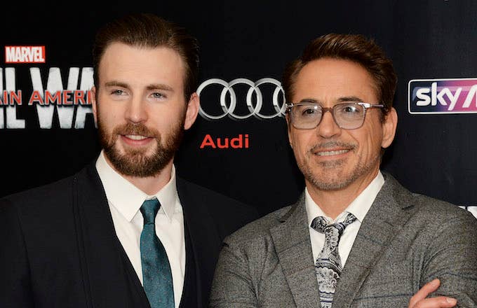 Robert Downey Jr. and Chris Evans during the European film premiere of &quot;Captain America: Civil War.&quot;