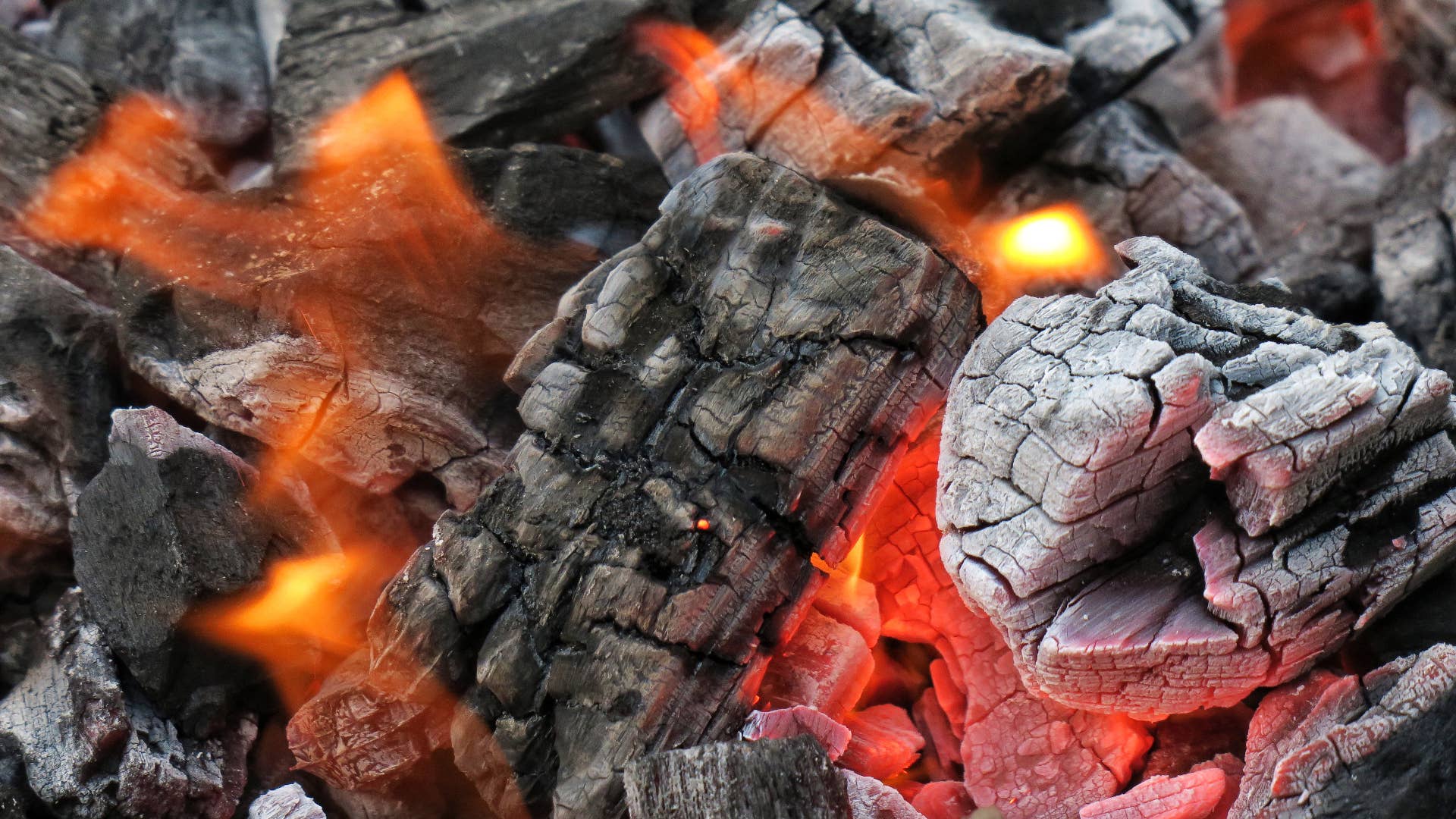 Charcoal burns and glows in a charcoal grill.