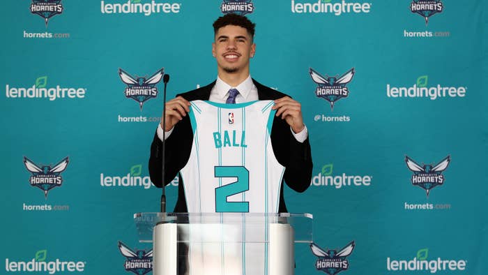 LaMelo Ball of the Charlotte Hornets during a press conference at Spectrum Center