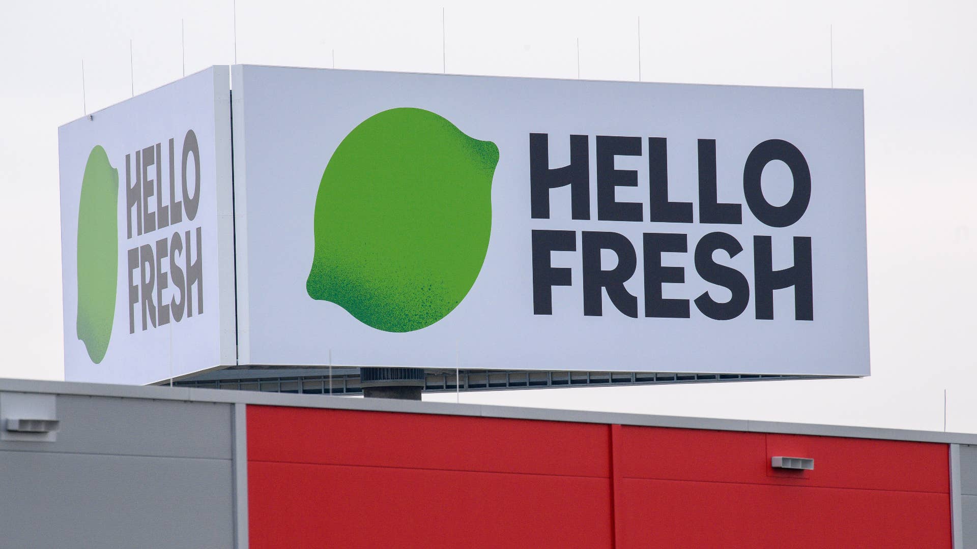 "Hello Fresh" is written on a sign above the roof of one of the company's halls.