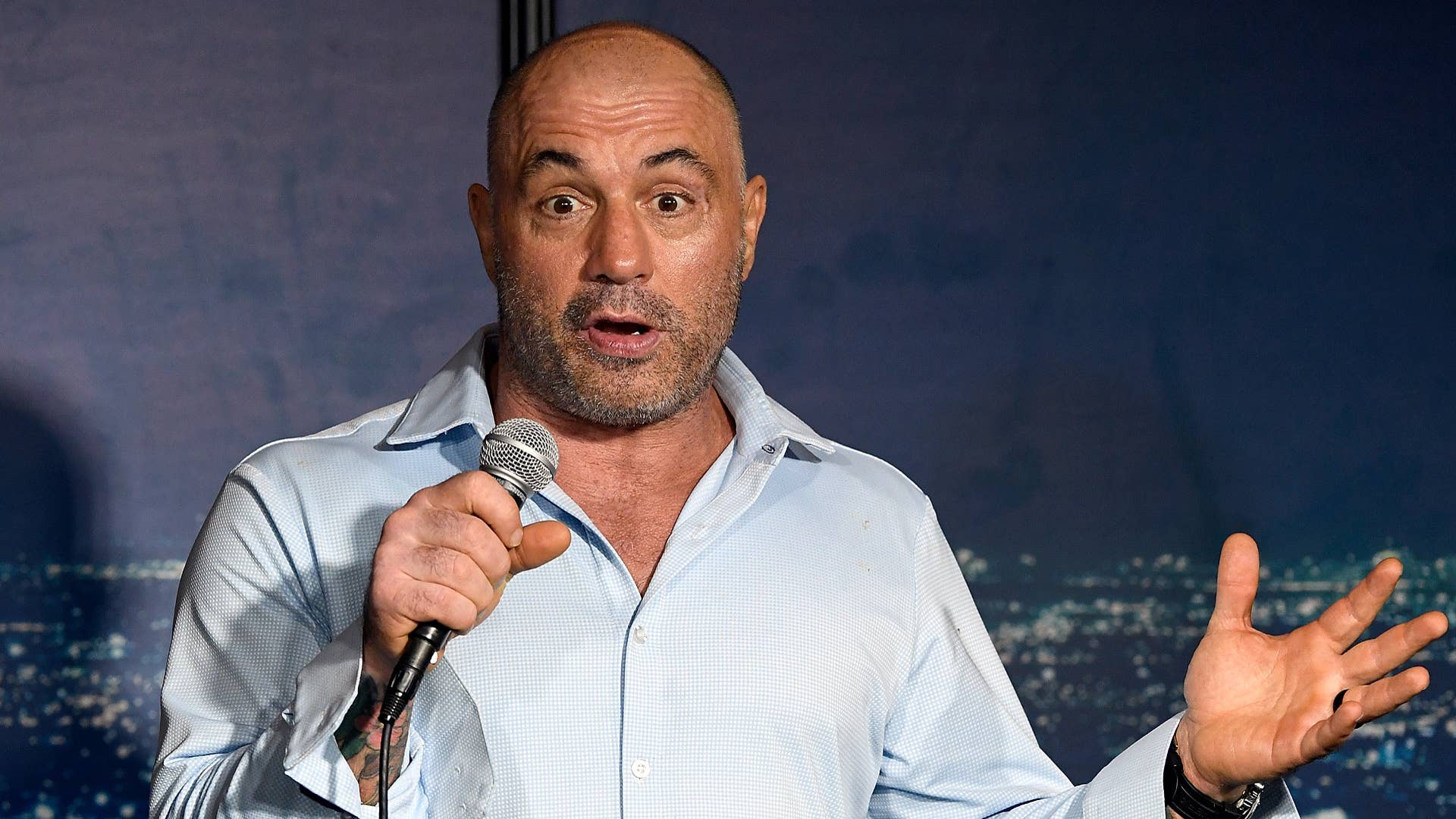 Joe Rogan performs stand-up at a comedy club.