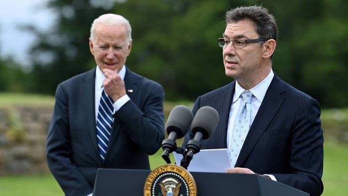 Pfizer CEO Albert Bourla make a statements in St Ives, Cornwall on June 10, 2021