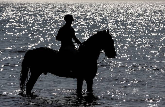 Silhouette of a Turkish Armed Forces&#x27; personnel on horseback by the sea in Bursa, Turkey.