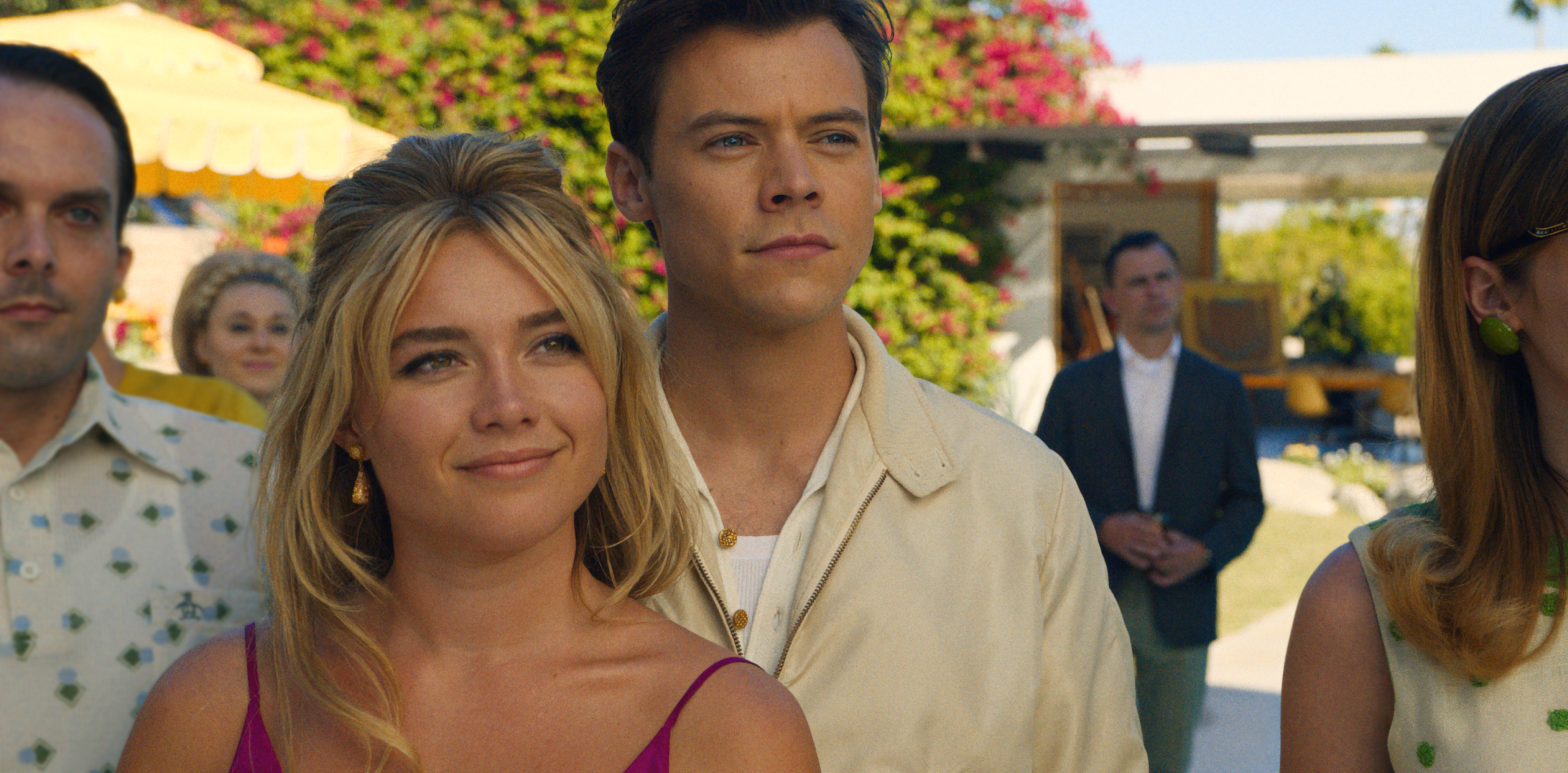 Florence Pugh and Harry Styles are pictured in a film still