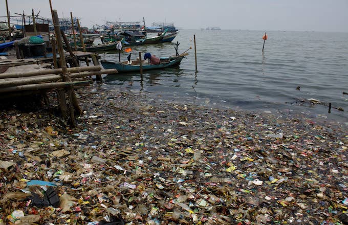Plastic in the ocean on the north coast of Jakarta