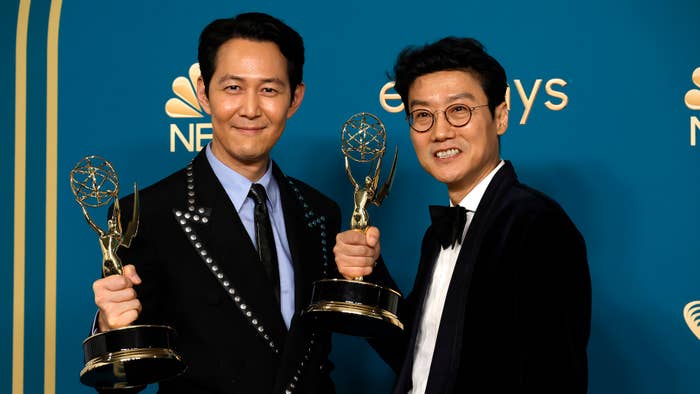 Lee Jung-jae, winner of Outstanding Lead Actor in a Drama Series for &quot;Squid Game&quot; and Hwang Dong-hyuk, winner of Outstanding Directing For A Drama Series for &quot;Squid Game&quot;